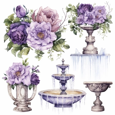 vintage purple rose fountains clipart set handwriting on white background