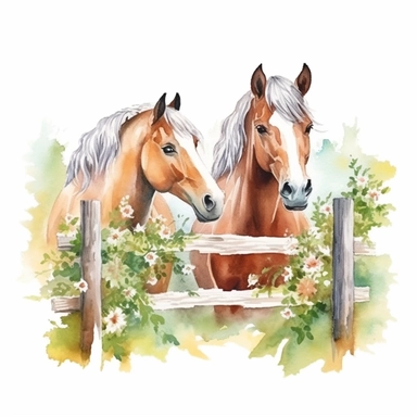 Watercolor 2 Spring Horses behind Fence clipart, hyper realistic, detailed, stylised, nature scene, hyper detailed, cozy colors