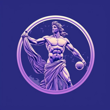 ancient Greek Olympian God logo, clipart, sleek and modern design, purple and blue colour palette, its clean lines and bold curves creating a sense of ancient invincible power and purpose