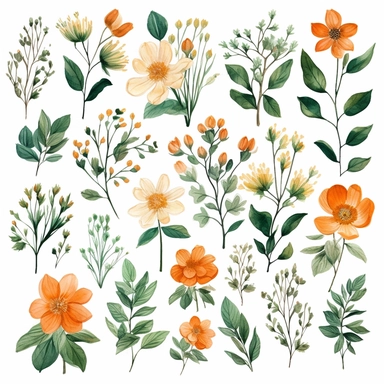 watercolor flowers peach colored, deep emerald green leaves flourish, burnt orange flowers, gathered all together as a set that could lay flat across something in clipart