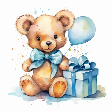 Watercolor Teddy Bear , Blue present box with ribbon, Baby Shower for a boy, Clipart, smilling, sweet, cuddly, happy, playfull, playing, diffrent pose, Transparent background PNG q2 v4