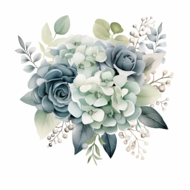 Shimmering silver and soft dusty blue flower bouquet, Dusty blue hydrangeas, silver brunia berries, silver-toned dusty miller leaves, and roses, with ombre sage green leaves, watercolor, uplighted, white background, 300 dpi, suitable for a clipart, no frame, no mock