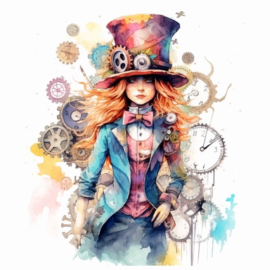 An alice in wonderland character , watercolor steampunk style, white background, clipart