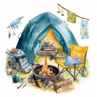 watercolor, hyper realistic, white background, white margins, 16k, ultra detailed clipart, cut out image, hand-drawn, whimsical a cozy campsite scene with a colorful tent, campfire, and camping essentials like a cooler and camping chairs. The vibrant yellow and teal color