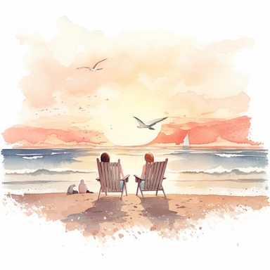 A family Enjoying sunset and sea waves at beach on their beach chair, seaguls are flaying away far at the landscape scene, water color style, clipart, white background