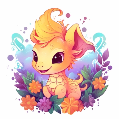 vector art of kawaii dragon breathing fire cute with flourishes of flowers clip art with white background