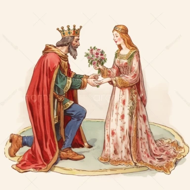 medieval young lord proposing marriage on one knee to beautiful young lady watercolor clipart no fonts no letters no words