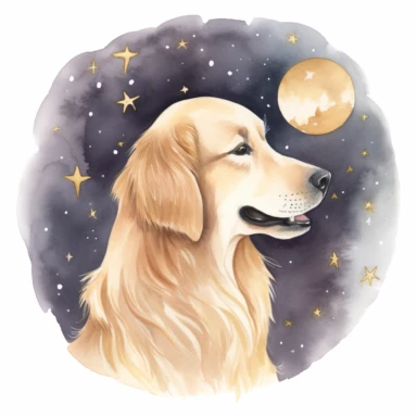 celestial watercolour Golden Retriever clipart, on white background, stars, nebula, moon, galaxy, soft colours
