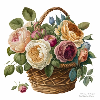 realistic hand painted watercolor of a basket of david austin english roses, clean white background, clipart