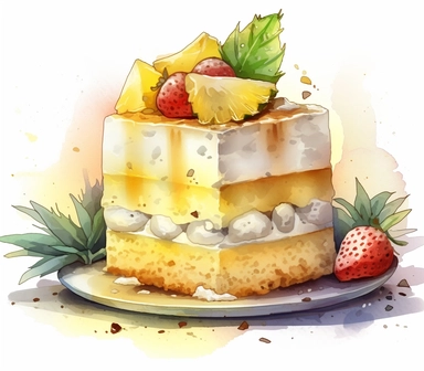 Watercolor clipart of Durian Mousse Cake, Layer Durian mousse between sponge cake layers and top with fresh whipped cream and Durian pieces for a light and airy dessert that's perfect for hot summer day, intricate details, vector, hyperrealistic, no splashes, no text, no watermark on white background