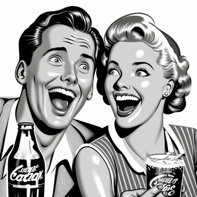 a couple euphoric and with happy face , in style of 1950`s , drinking a coke looking to the camera, black and white clipart