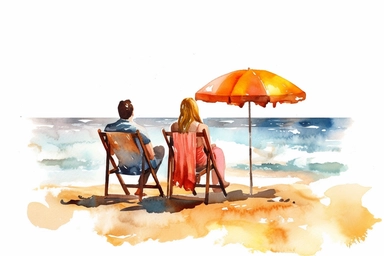 rear view young couple Beach chair on the beach Watercolor clipart, details