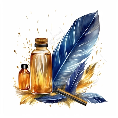 high level watercolor, hyper realistic, white background with margins, 8k, ultra detailed clipart, a bottle of phoenix feather quills, each feather emitting a warm, golden glow, midnight blue