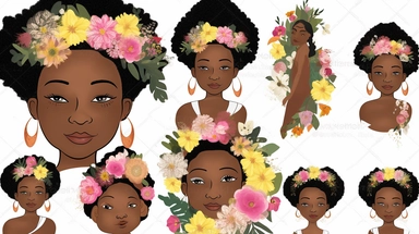 animated clipart bundle african american mother concepts, clipart bundle with beautiful flowers, beautiful faces, beautiful eyes and differential body types and skin tones, harlem Renaissance, Mother's Day White background