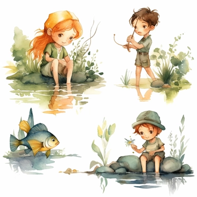 Watercolor boho fishing near a beautiful stream, illustrations clipart set, simple, soft colors, cartoon elements, different variants, cute little boy and girl fishing, separate elements with a margin