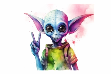 alien giving a peace sign, colorful vibrant watercolor clipart