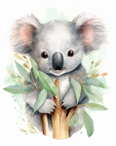Artwork in the style of Cicely Mary Barker, clipart, whimsical watercolor illustration of a cute and happy little Koala clinging to a eucalyptus tree in the Australian bush, watercolor clipart, Book Cover illustration, Hyper HD