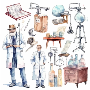 watercolor doctor related scenes , illustrations clipart set, simple, , cartoon elements ,different variants , nurse, doctor, stethtescope, mechanical body weighing scale, microscope, ,separate elements with a margin