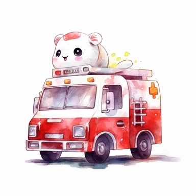 watercolor illustration of adorable cute Emergency vehicle kawaii, digital art, concept,art,8k,hd,kawaii,isolated,detailed,white backround, clipart