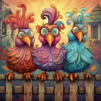 Whimsical magical wacky chickens on a fence, muted colors, swirls, twists, twirls, metallic, glitter, stylized, funny, centered, airbrushed, digital oil, detailed illustration, clip art, cartoon, 8k,-- ar 9:8