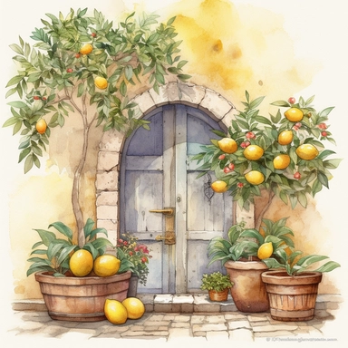 Create a beautiful watercolor clipart vignette of a rustic Mediterannean cobblestone courtyard with a collection of potted plants and potted lemon tree against a painted white rustic cottage door. The composition should be set against an isolated white background, with a bright and airy feel. Focus on capturing intricate details such as the delicate petals of the roses. Use a loose and fluid watercolor technique to create a sense of movement and lightness. Experiment with the use of negative spa