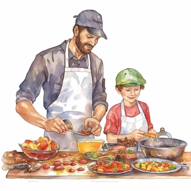 A father and son cooking together in the kitchen, wearing chef hats and aprons, Watercolor, Clipart, detailed, high resolution, transparent background PNG