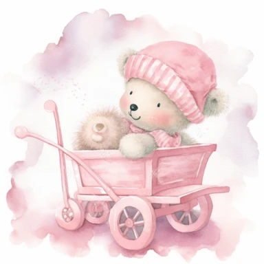 clipart, a whimsical illustration of a contented, loving and angelic baby teddy bear, wearing pajamas and pajamas hat, sleeping on a baby cart, surrendered by pink fluffy clouds, Use a smooth and light watercolor technique to give the artwork a dreamy and ethereal quality