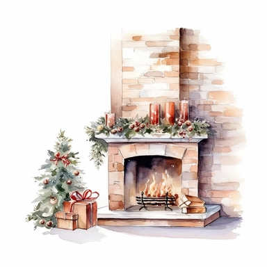 watercolor style, beautifully decorated christmas fireplace with slightly visible part of the wall behind it clipart, isolated on white background, 4K