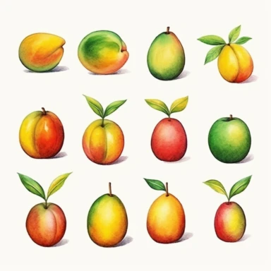 Draw a set of playful and colorful, watercolor style illustrations of mangos, evenly space elements for clipart, white background