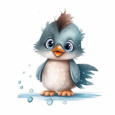 a friendly baby kingfisher with smiling face and kind eyes clipart with watercolor illustration,full body shot,8k,etsy style, white background