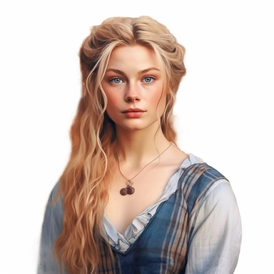 beautiful stunning pretty Scottish young woman , with blonde hair and blue eyes, vintage , paint art style, clipart, white background, superrealistic, one of a kind