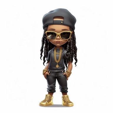 A black chibi girl incarnate in a 3d white gangsta tshirt, white shoes, white fullcap, gold chains, gold jewelry, gold sunglasses PNG, Black hip hop girl png, Afro fashion girl black clipart, Black girl Dreadlock png, black magic gir