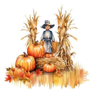 Design clipart featuring fall-themed decorations like bales of hay, cornstalks, and scarecrows adorning the pumpkin patch. watercolor on white background