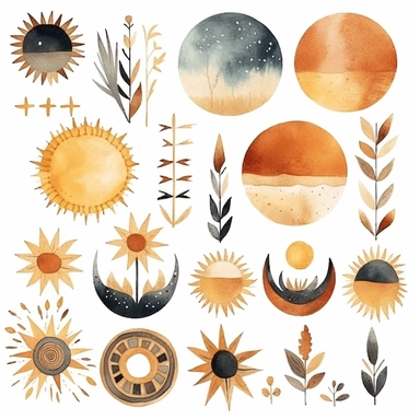 Watercolor clipart of a Boho Chic collection, including botanical elements, celestial bodies like the sun and moon, geometric designs, and earth-toned abstract shapes