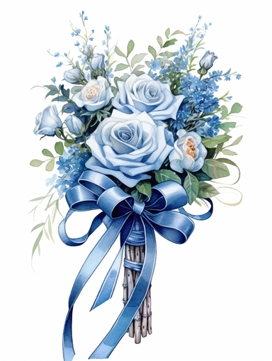 vintage beautiful victorian shabby chic blue roses bouquet with ribbon bow on white background, blue theme, watercolor illustration, clipart