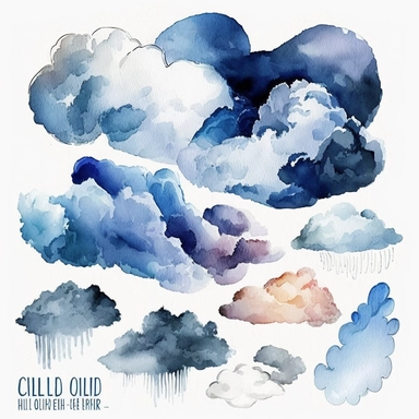 clouds, ombre, watercolor,all white background, clipart