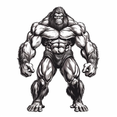 A human like body builder gorilla full body, black n white clip art illustration vector