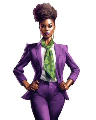Extremely realistic digital illustration clipart, vector art of ultra beautiful African American women entrepreneur with beautiful updo messy bun hair, dressed in Purple and green business suit of the year 2023, standing in the center of an office on a white background