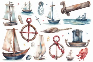 watercolor nautical elements such as anchors, ropes, sails, and rigging clipart, HD, with white background, spaced out