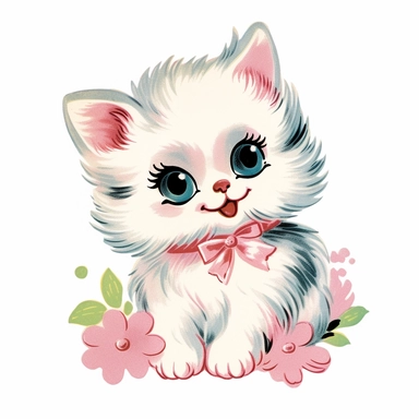 vintage Hand painted clipart of a pastel kitten with long eyelashes and rosy cheeks, playful and animated, in the style of vintage nursery kitsch Lefton, retro midcentury 1950’s, white background, contour
