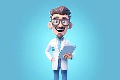 3d render. Cartoon doctor character holds clipboard. Clip art isolated on blue background. Professional consultation. Medical concept