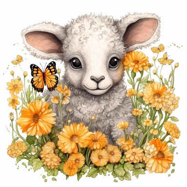 cute but realistic color pencil sketch clipart. baby lambs , sitting in the flowers, butterflies around