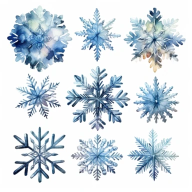 watercolor, Set of line drawing illustrations of snowflakes. png Full body realistic cartoon in 32K UHD cute. 15 cm thick outline. Black color. There was no shadow on the ground. 8k with realistic watercolors and detailed illustrations. PNG clipart, transparent white background