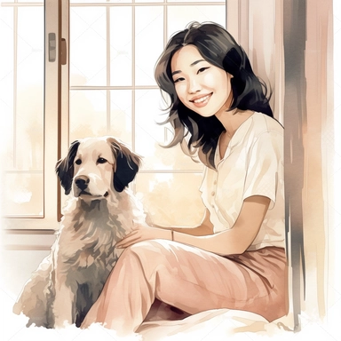 Create a vintage watercolor clipart of a beautiful young smiling Asian woman with wavy black hair sitting near a window with a white dog sitting next to her in a portrait-style illustration, capturing her refined and elegant appearance, white background, realistic