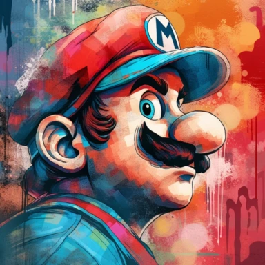 Super Mario Bros close-up side profile view, colorful graffiti background, clipart watercolor