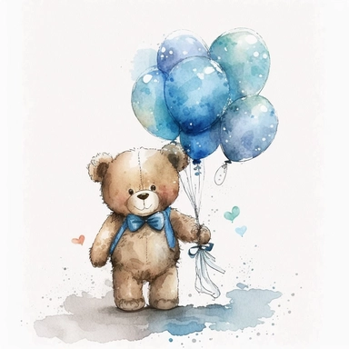watercolor teddy bear with a blue bow tie and blue balloons in his hand, clip art, white background,