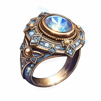 Craft an intriguing clipart of a mythical ring against a pristine white background. The ring should possess intricate designs and be encrusted with glistening gemstones. Let it emanate a soft, magical glow when worn, symbolizing the wearer's connection to mystical forces.