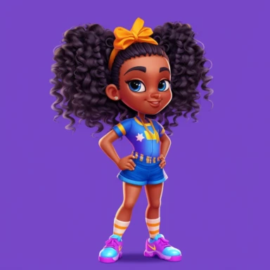 clipart, digital doll, popular, gorgeous black girl superhero, long wavy ponytail, girl character that loves having fun, cheerleading, dance, art, gym shoes, cool kid, vibrant colors, popular art style, cultural value, 8k, intricately drawn and rendered, — v5