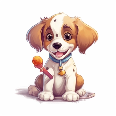 Visualize a cute clipart puppy with round eyes and a wagging tail, holding a chew toy in its mouth and looking up with excitement on a clean white background.
