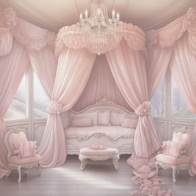 panoramic view, full view, beautiful elegant royal baby girl nursery room drawing painting, frilly, romantic, fantasy, ethereal, light pink and white colors, beautiful crib with beautiful full flowing canopy, beautiful bling crystal chandelier, soft pink teddy bear, beautiful large Victorian style window with beautiful pink flowing drapes, faux fur rug, sharp focus, high detail, 8k, illustration clipart style, transparent background